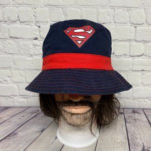 Superman Bucket Hat Cap Distressed Size Small Navy Blue Red Print Logo DC Comics